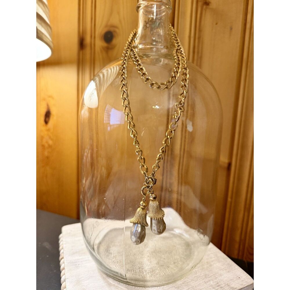 Vintage Sarah Coventry Gold Curb Chain Lariat Necklace, Faux Pearl Tassel Drop